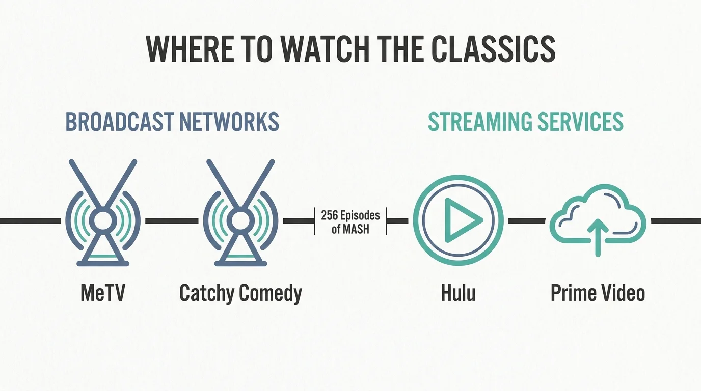 A clean infographic showing where to watch classic TV, listing MeTV and Catchy Comedy for broadcast, and Hulu and Prime Video for streaming.