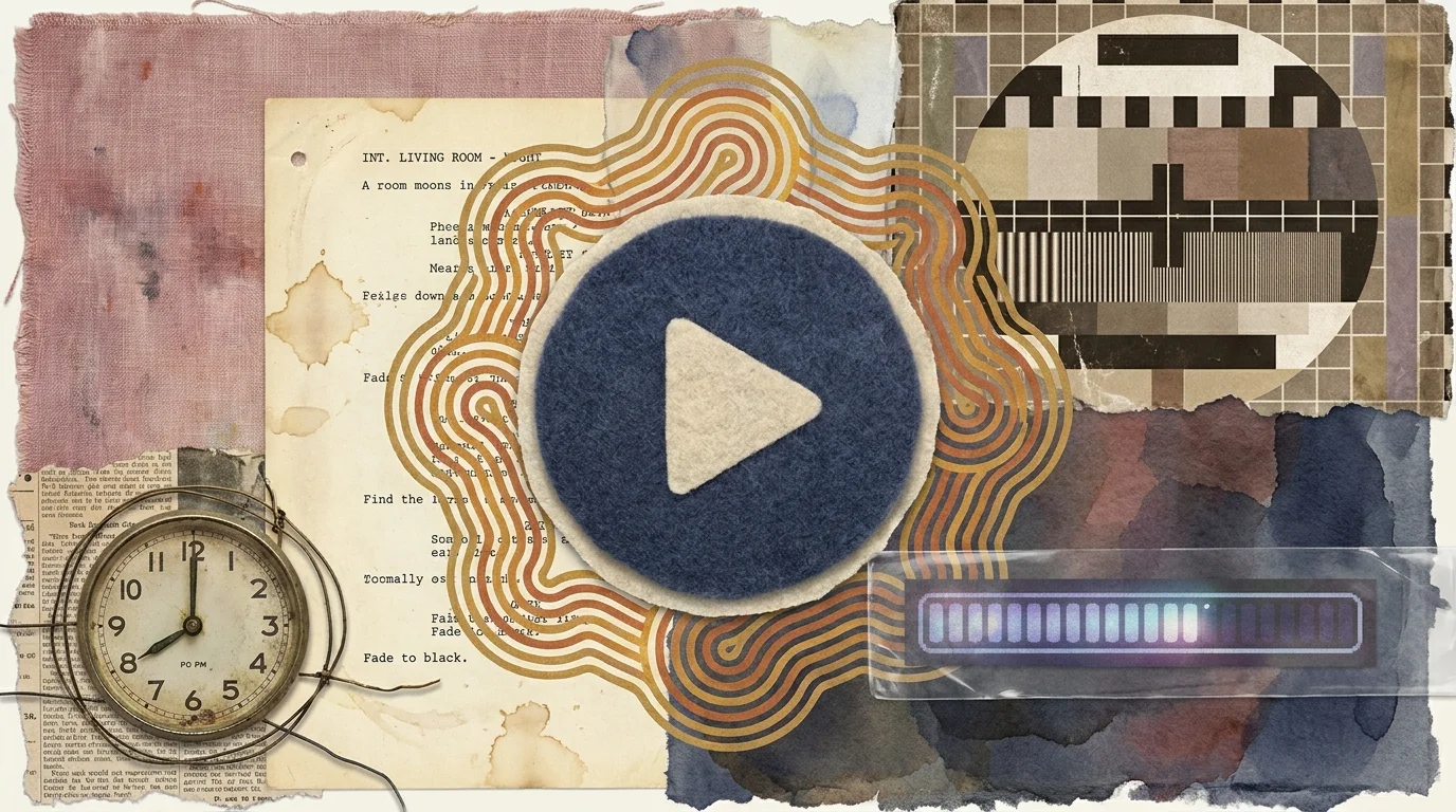 A mixed media collage with a play button, a clock, and vintage textures, symbolizing the comfort and rhythm of classic television.
