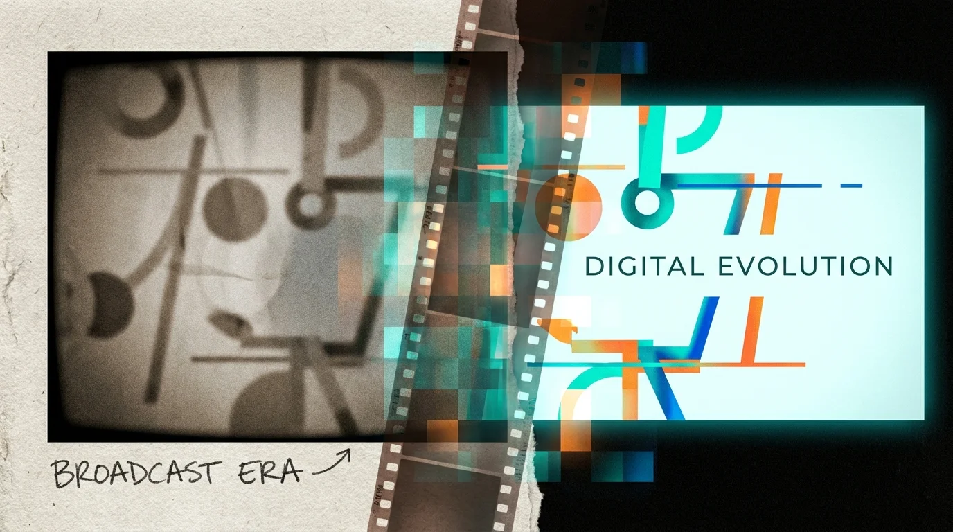 A mixed media piece showing the transition from a grainy 4:3 square frame to a clear 16:9 wide frame, representing TV technology changes.