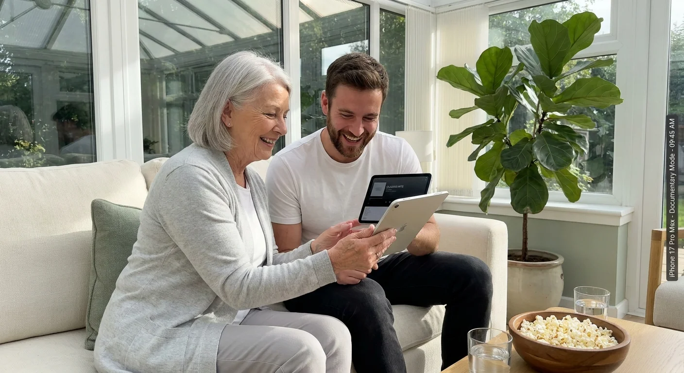 A senior and a younger adult laughing together while looking at a tablet in a bright, modern sunroom, sharing a classic show.