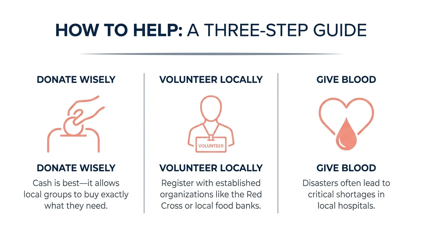 A 3-step infographic: 1. Donate Wisely (cash), 2. Volunteer Locally (register), 3. Give Blood (hospital needs).