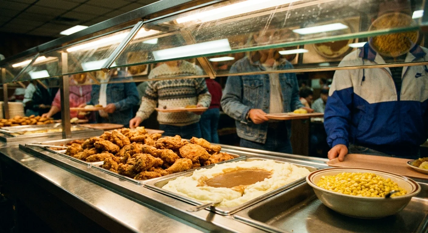 A bustling 1980s-style buffet line featuring fried chicken, mashed potatoes, and gravy under warm lights.