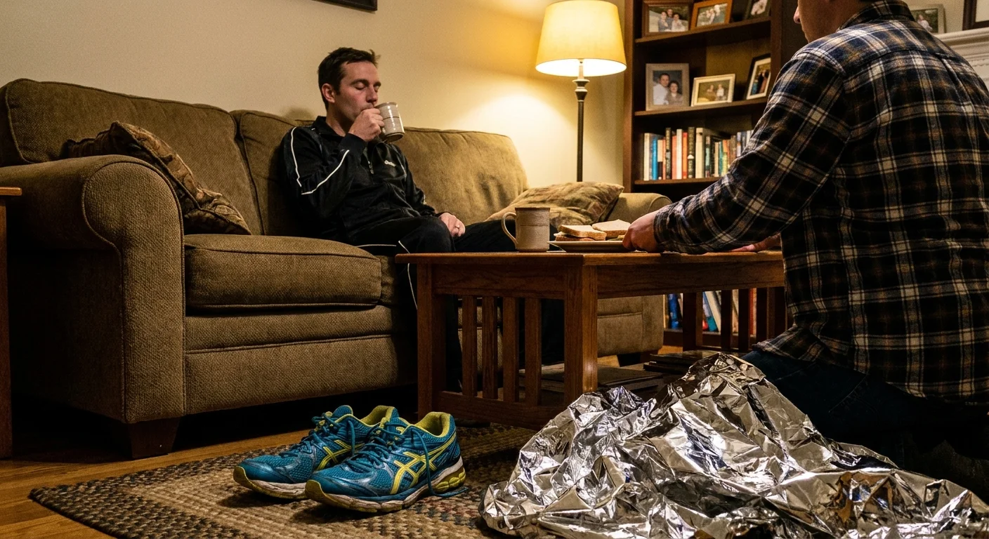A candid photo of a marathon runner resting on a sofa in a resident's living room, with running shoes and a heat blanket on the floor.