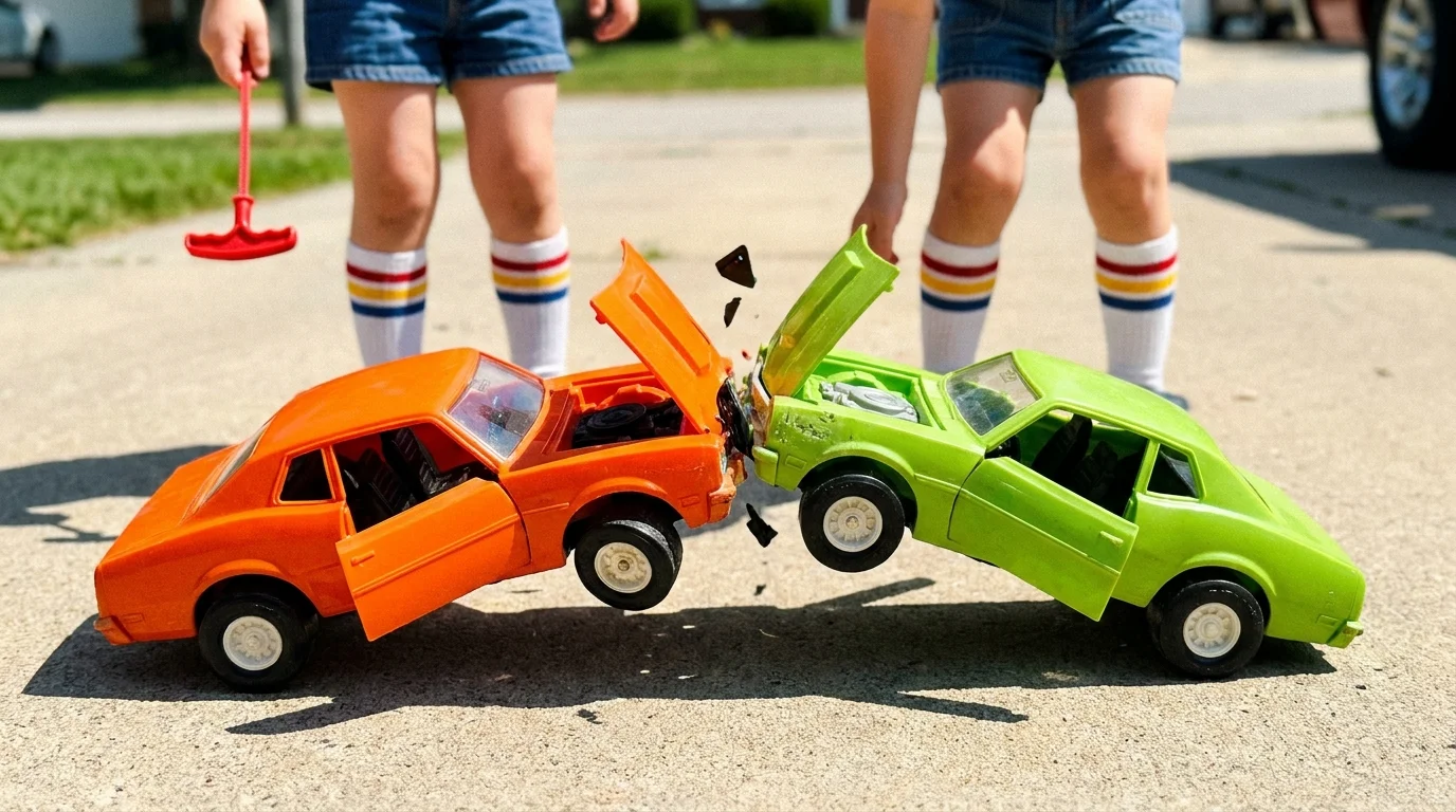 A candid shot of two toy cars colliding on a driveway, with plastic parts flying into the air.