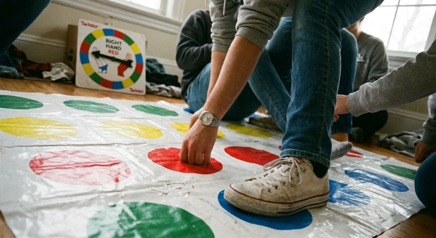 A close-up, low-angle photo of feet and hands on a Twister mat with iconic colored circles.