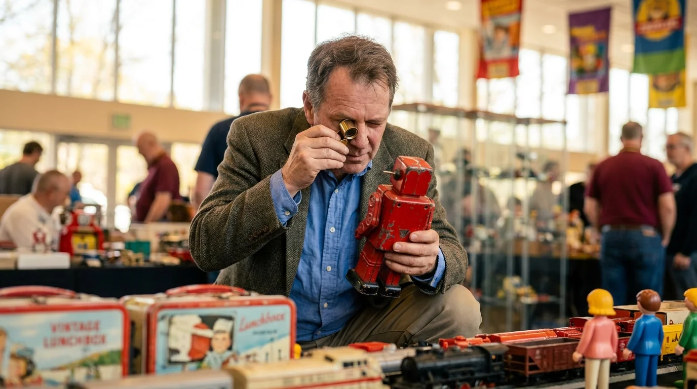 A close-up of a toy expert using a magnifying glass to inspect a vintage toy at a collector's fair.