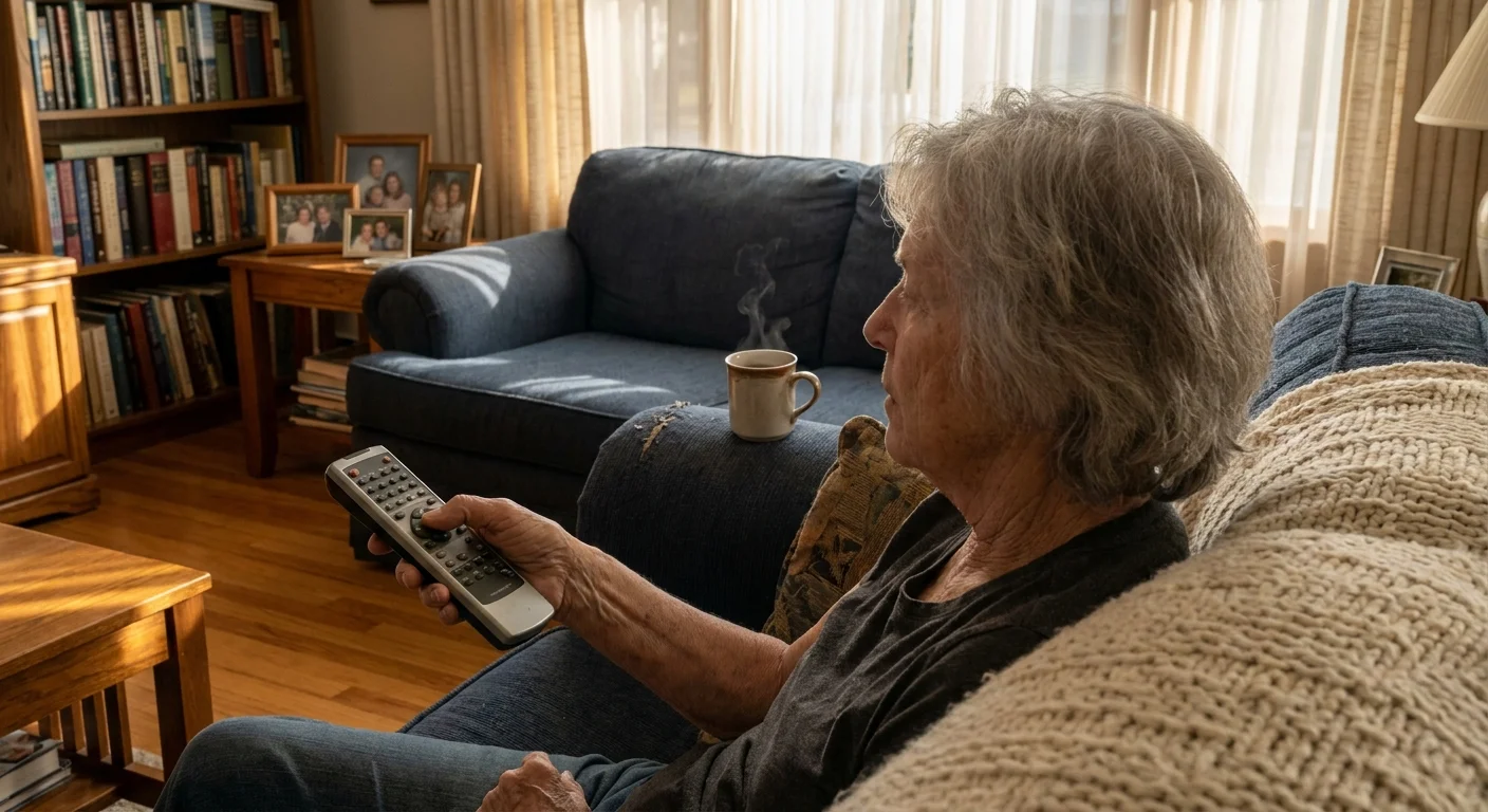 A close-up of an older adult's hands holding a vintage TV remote in a sunlit, cozy living room.