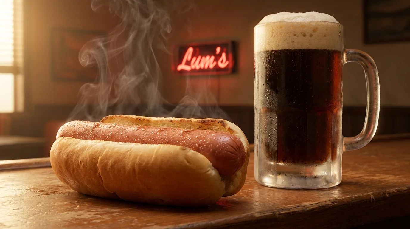 A close-up photo of a steaming hot dog and a frosted mug of root beer on a wooden bar.