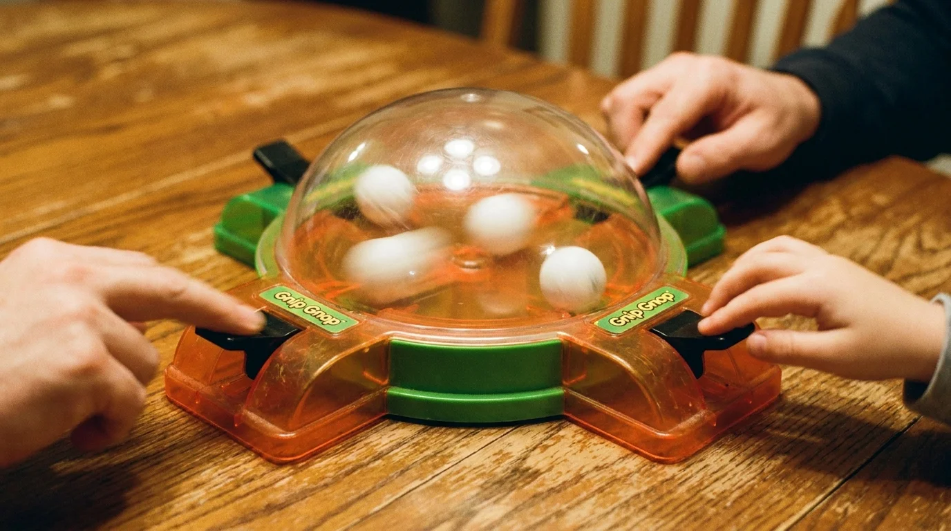 A close-up photo of hands pressing levers on a Gnip Gnop game with ping-pong balls bouncing inside.