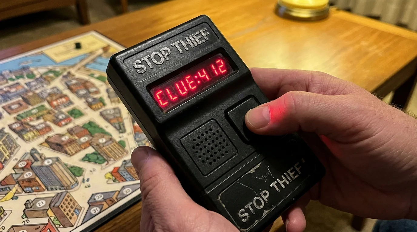 A close-up photo of the Stop Thief electronic scanner showing a red LED clue and a player's hand.