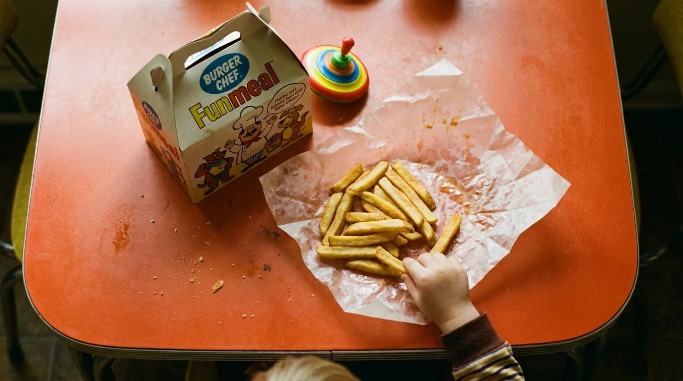 A close-up photograph of a Burger Chef Funmeal box, fries, and a small toy on an orange 1970s kitchen table.