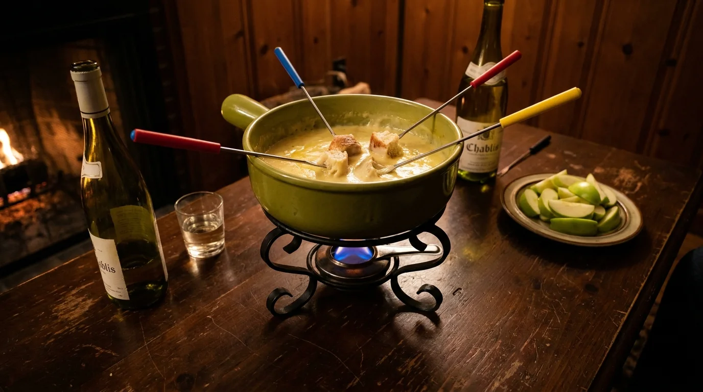 A close-up photograph of an avocado green fondue pot with color-coded forks dipping bread into melted cheese on a wooden table.