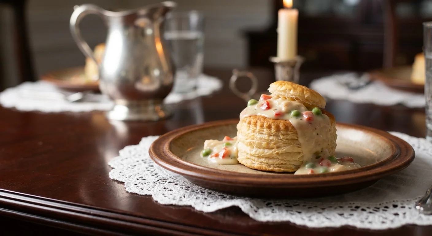 A close-up photograph of creamy chicken and pimentos served in a flaky puff pastry shell on a vintage plate.