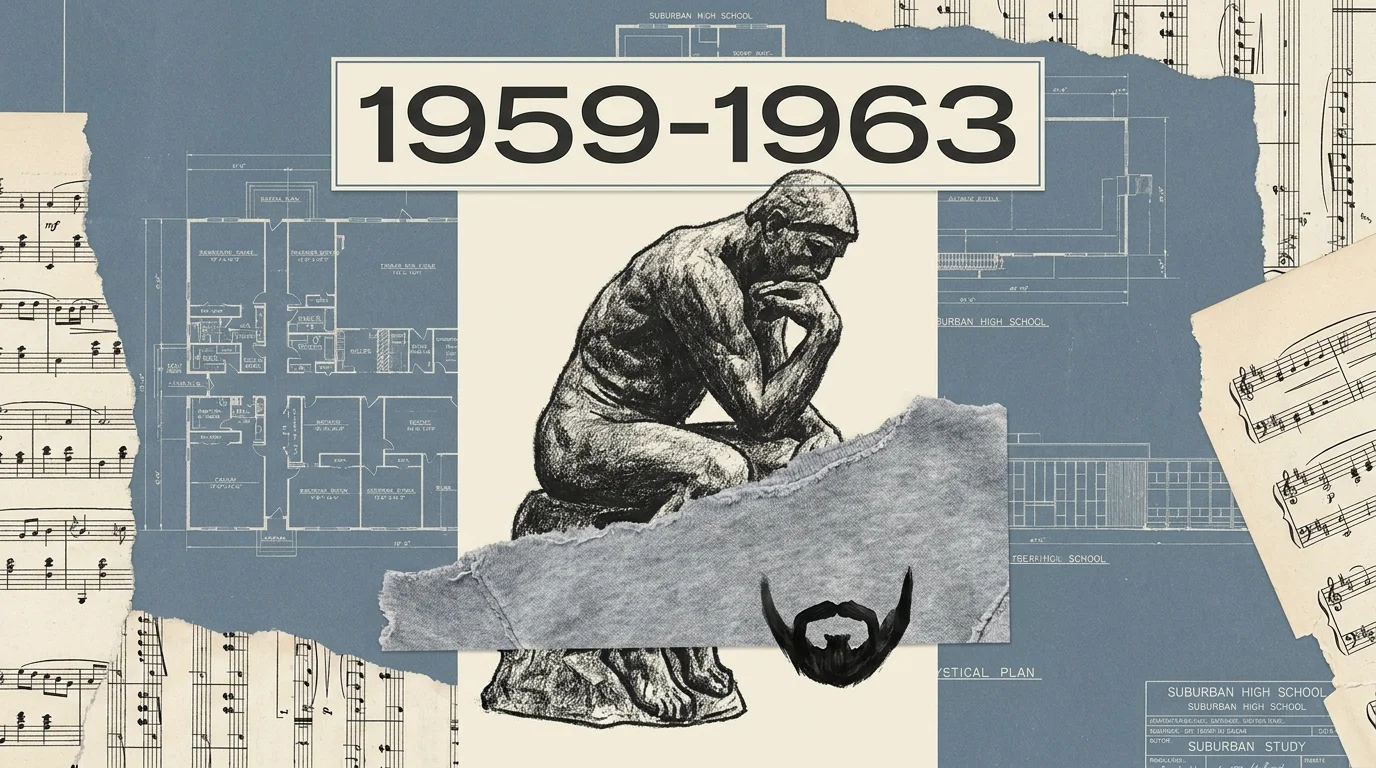 A collage featuring a silhouette of The Thinker statue, a gray sweatshirt texture, and the dates 1959 to 1963.