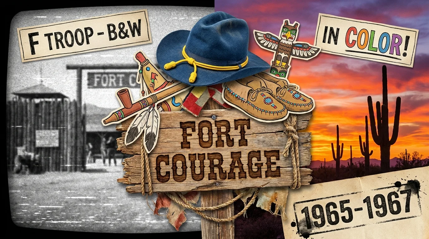A collage of a cavalry hat, a Fort Courage wooden sign, and colorful southwestern souvenirs.