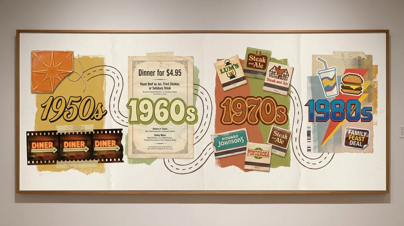 A collage of vintage restaurant menus, matchbooks, and dates ranging from the 1950s to the 1980s.