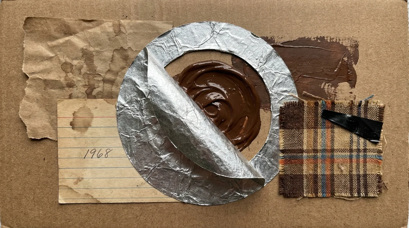 A collage showing a metallic can lid peeled back to reveal chocolate pudding, alongside a brown paper lunch bag.