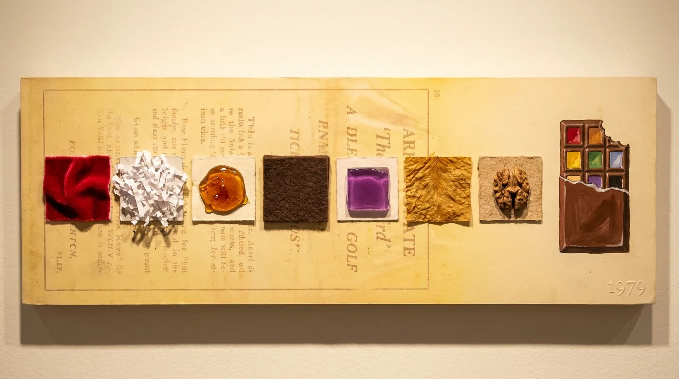 A collage showing seven different textures representing the seven fillings of the Seven Up candy bar.
