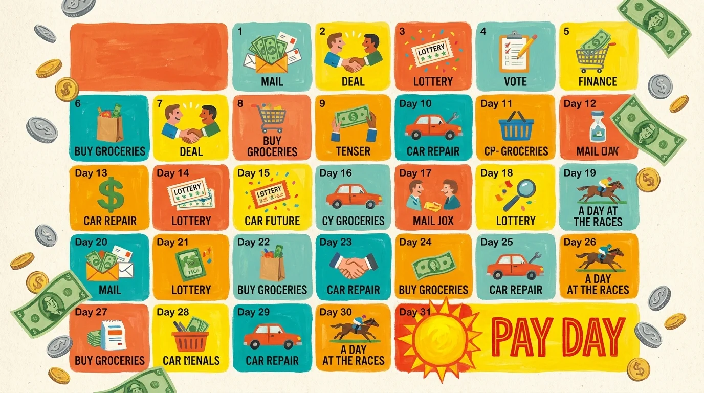 A colorful gouache illustration of a Pay Day game calendar with bills, deals, and a large Pay Day square.
