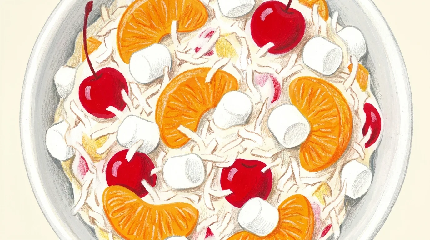 A colorful gouache illustration of ambrosia salad showing cherries, orange slices, and marshmallows in a white bowl.