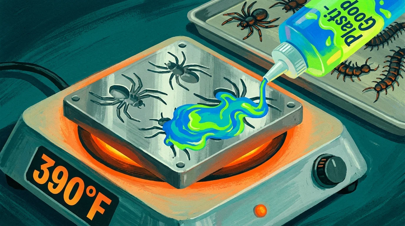 A colorful gouache illustration showing liquid goop being poured into a bug mold on a hot plate labeled 390 degrees.