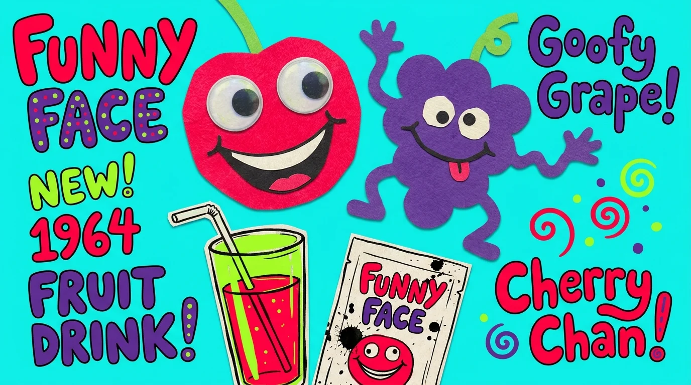 A colorful paper-cut collage of smiling fruit characters in red and purple against a turquoise background.