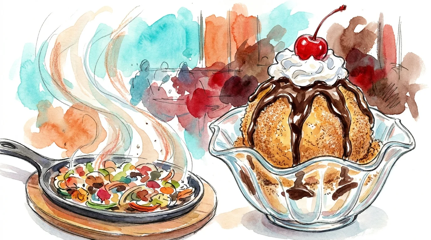 A colorful watercolor drawing of fried ice cream with chocolate sauce and a cherry, with steaming fajitas in the background.