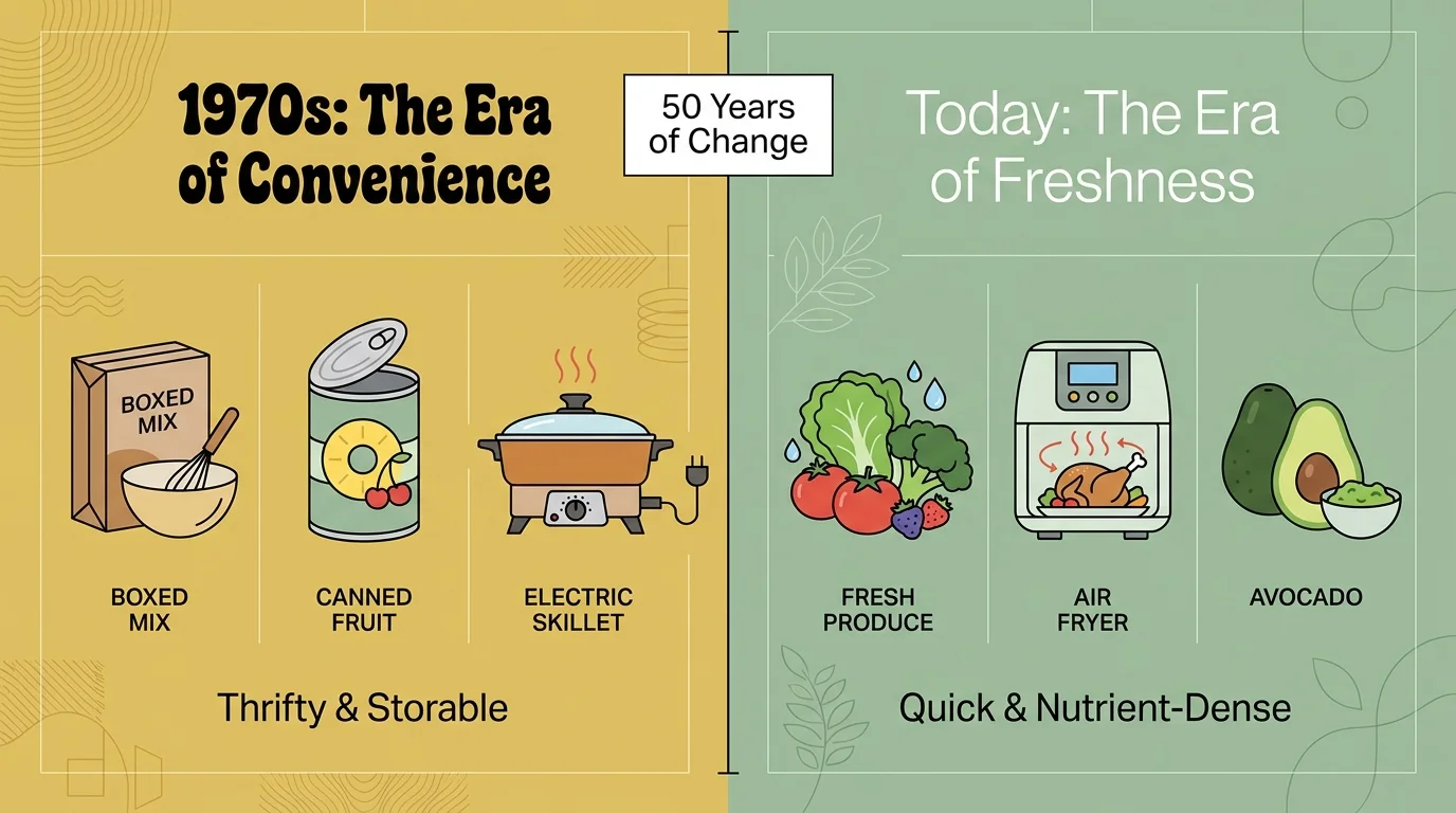 A comparison infographic showing the shift from 1970s convenience foods to today's focus on fresh produce and air fryers.