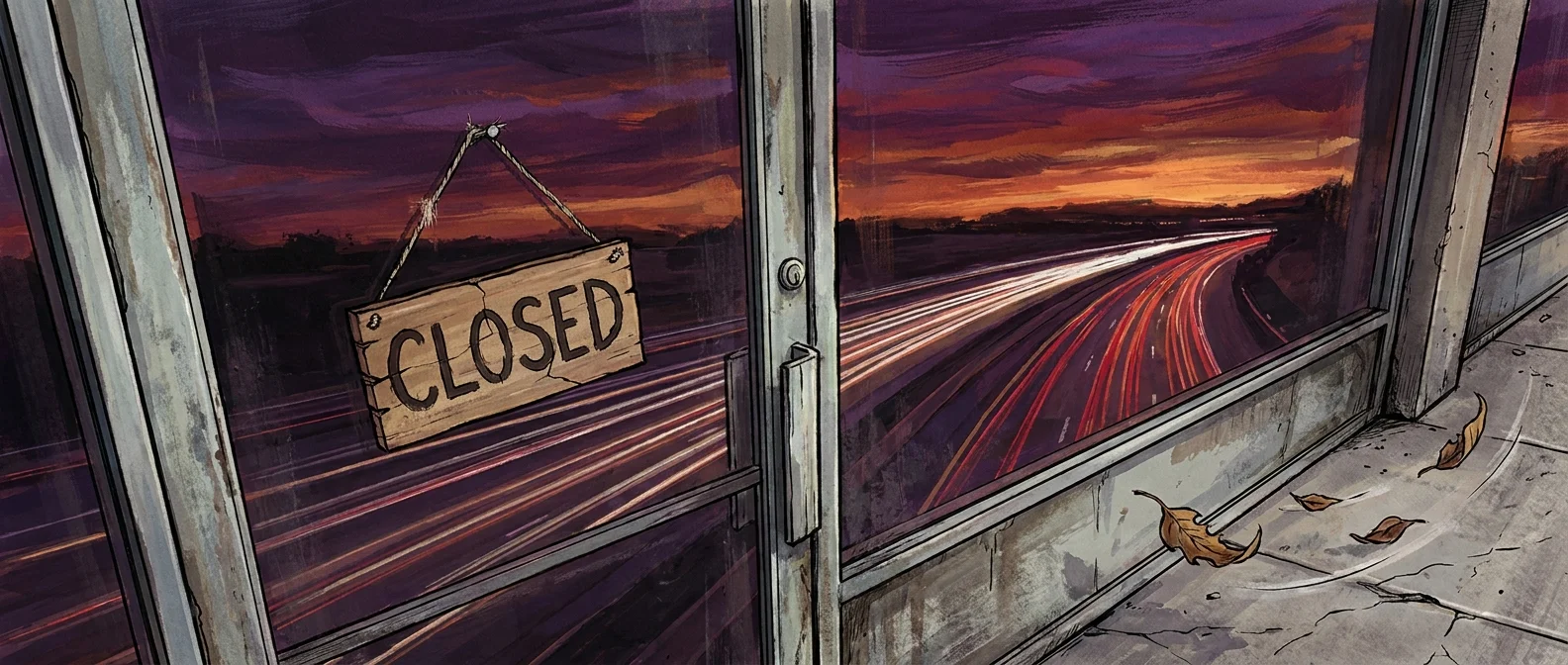 A gouache illustration of a 'CLOSED' sign on a restaurant door with a sunset highway reflected in the glass.
