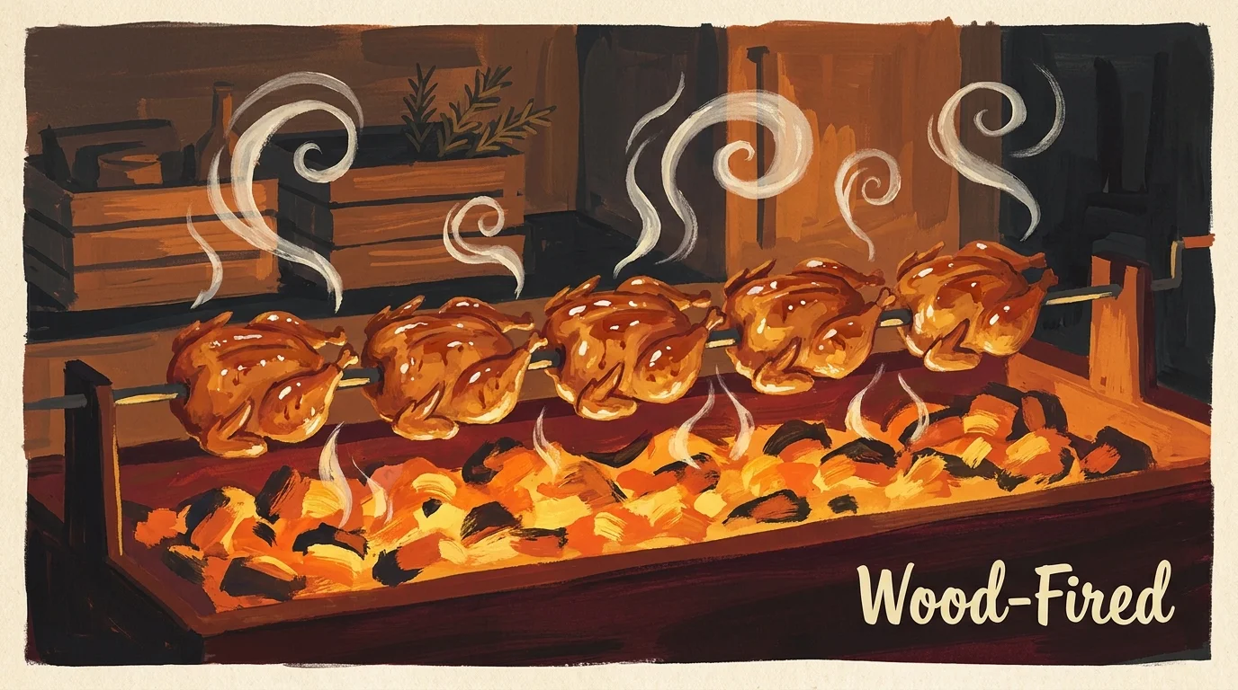 A gouache illustration of golden rotisserie chickens turning over a warm orange wood-fired glow.