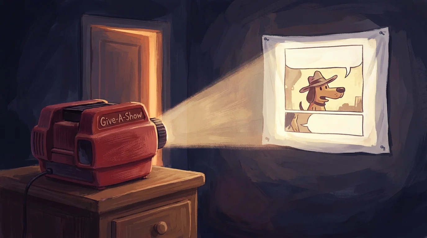 A gouache painting of a toy projector casting a comic strip onto a bedsheet in a dark room.