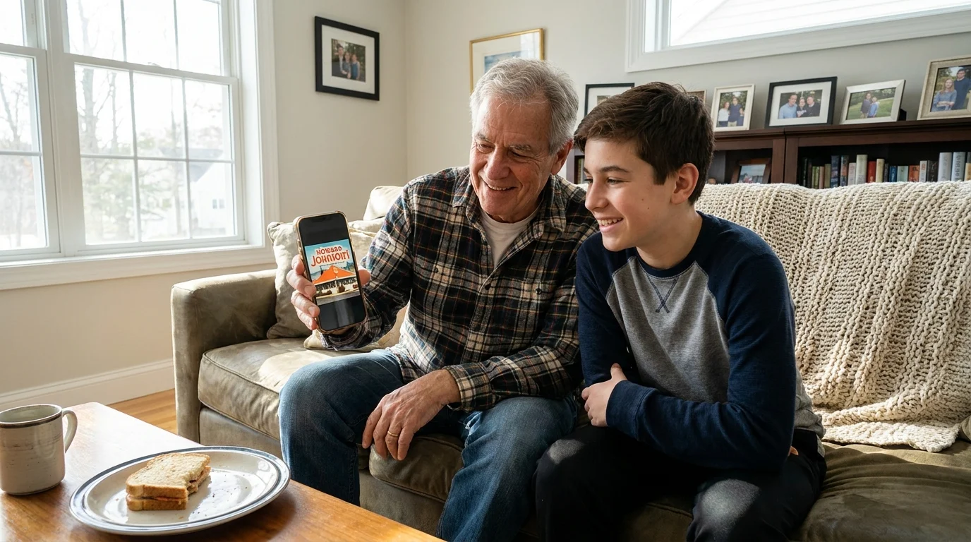 A grandfather shows his grandson a photo of an old restaurant on his smartphone in a sunlit living room.