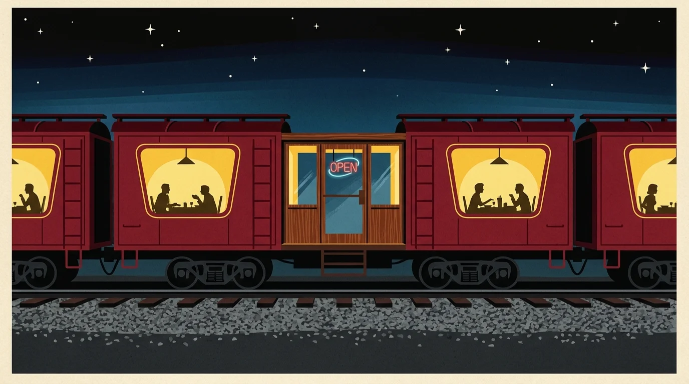 A graphic gouache illustration of a restaurant made out of red train boxcars at night.