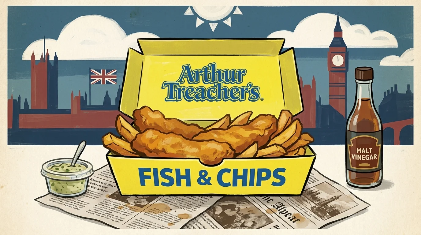 A graphic gouache illustration of fish and chips in a yellow box, with a Union Jack and malt vinegar in the background.