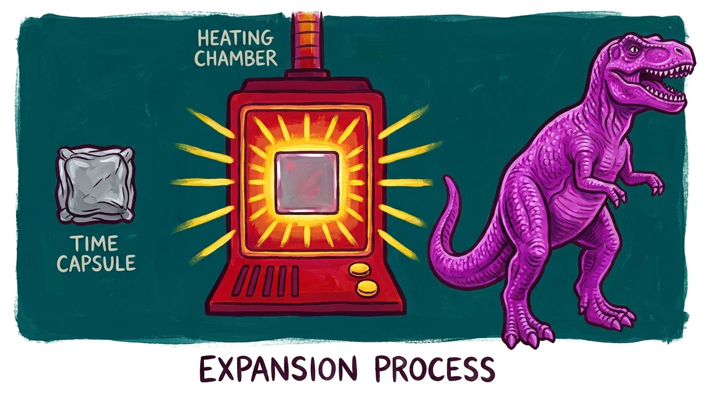 A graphic illustration showing a small grey square turning into a large purple dinosaur inside a toy machine.