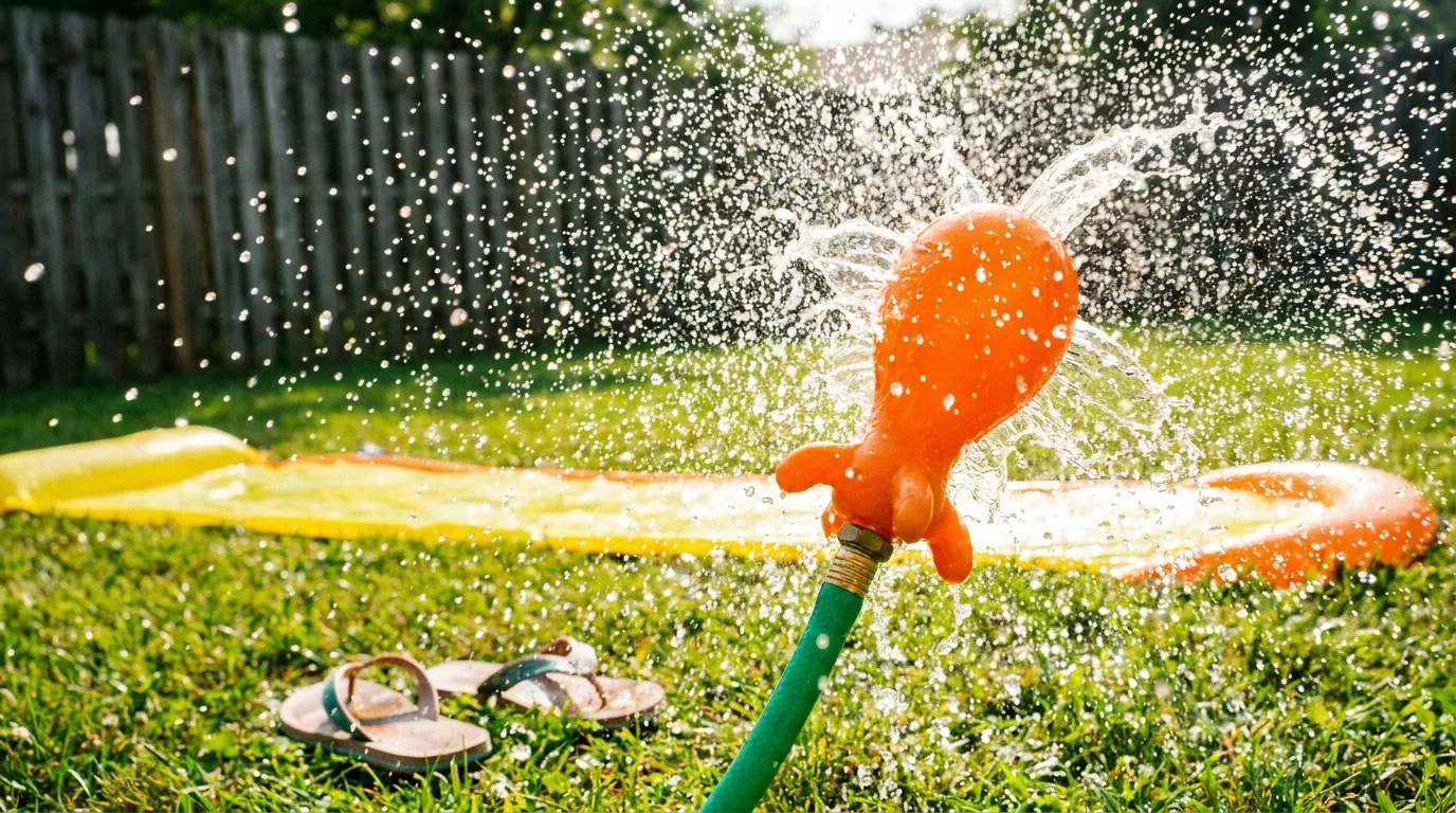 A high-speed photo of a Water Wiggle toy dancing wildly in a backyard sprinkler spray.