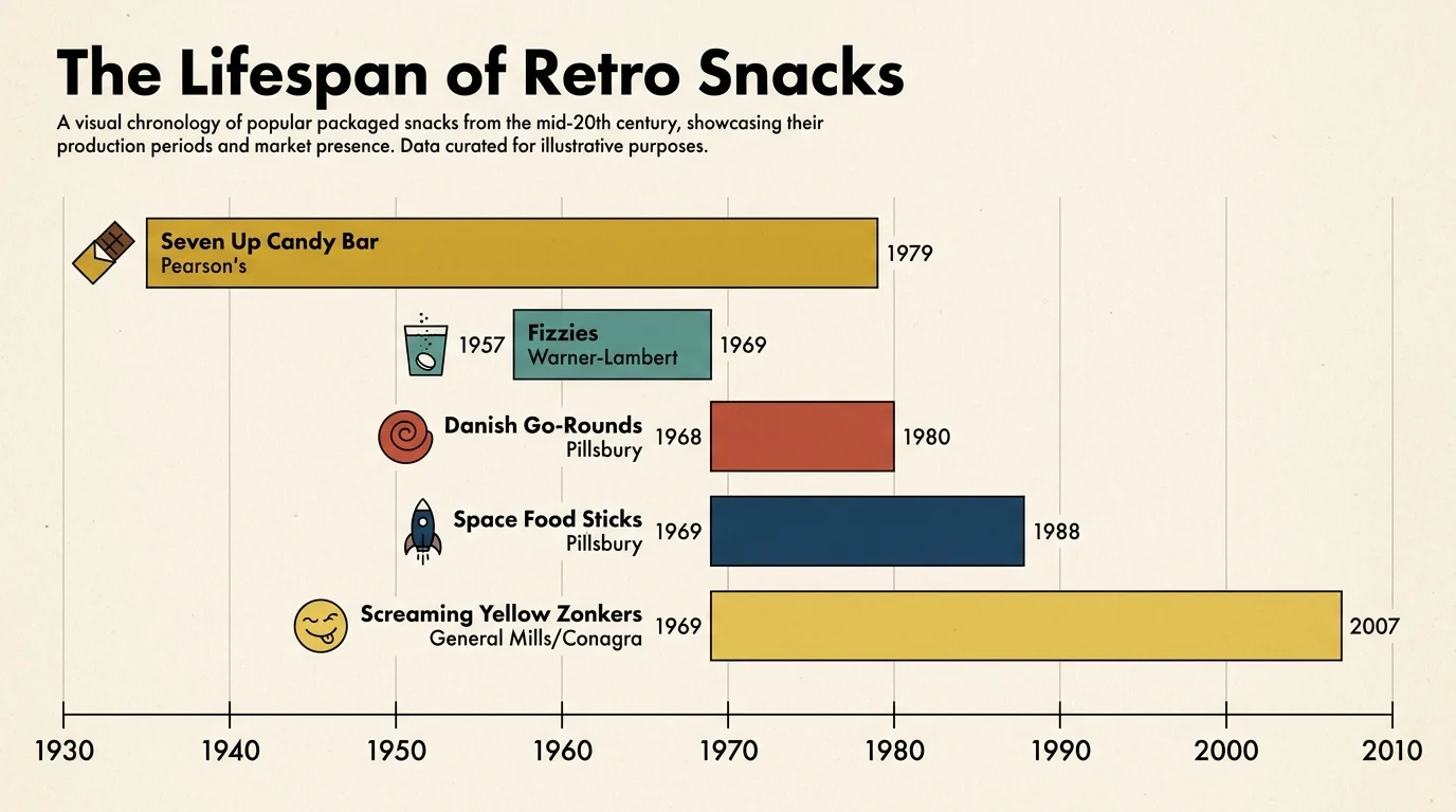A horizontal timeline infographic showing the introduction and discontinuation dates of ten retro snacks from 1930 to 2007.