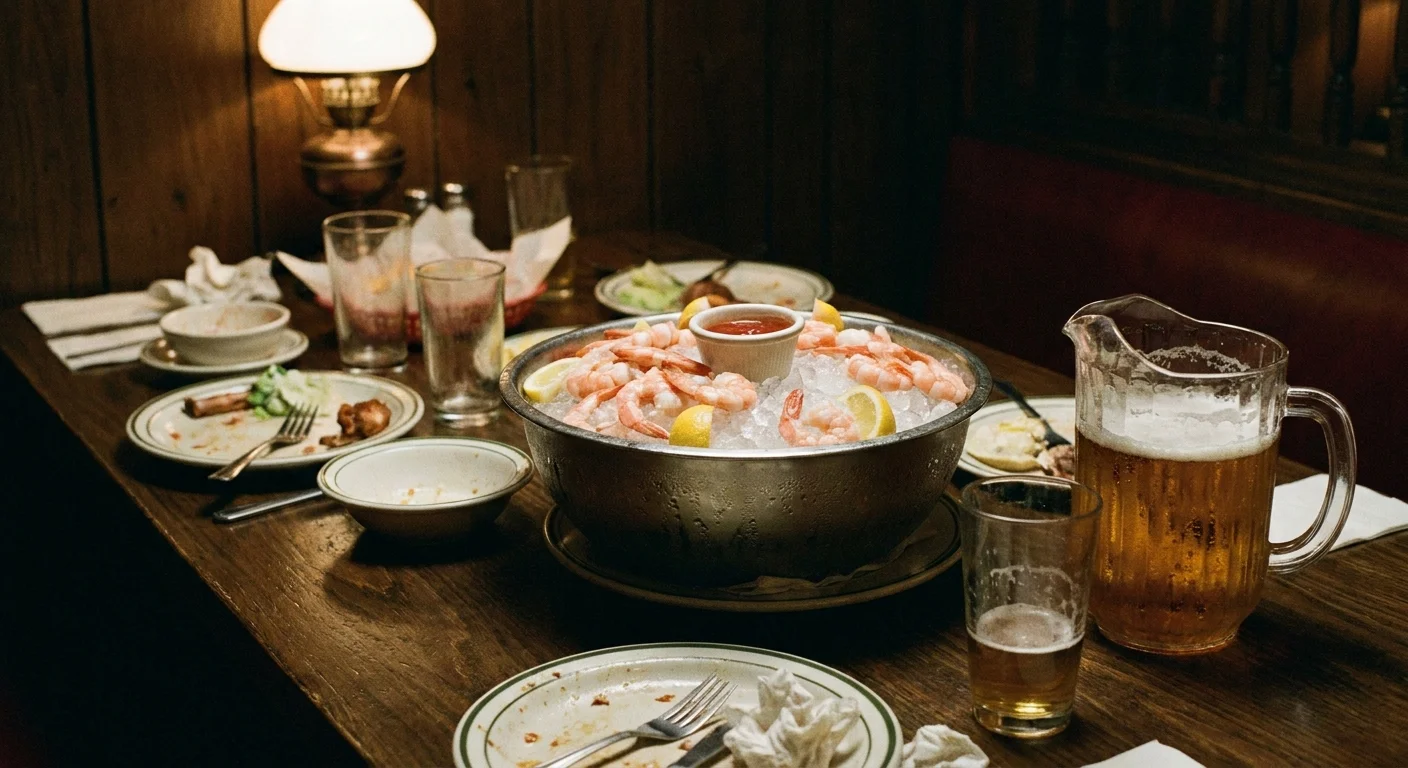 A large bowl of shrimp on ice and a pitcher of beer on a dark wooden table in a retro restaurant setting.