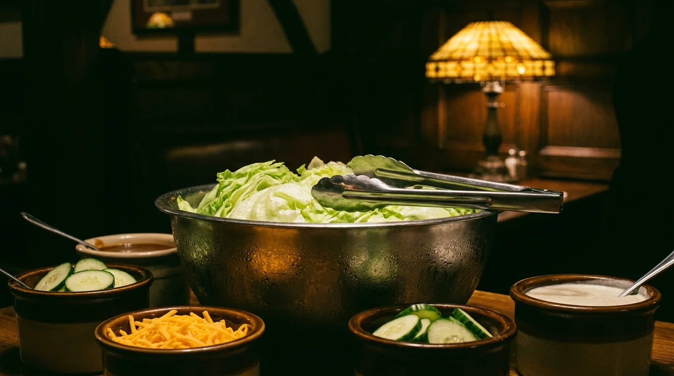 A low-light photo of a classic restaurant salad bar with chilled bowls of lettuce and toppings under a warm tiffany lamp.
