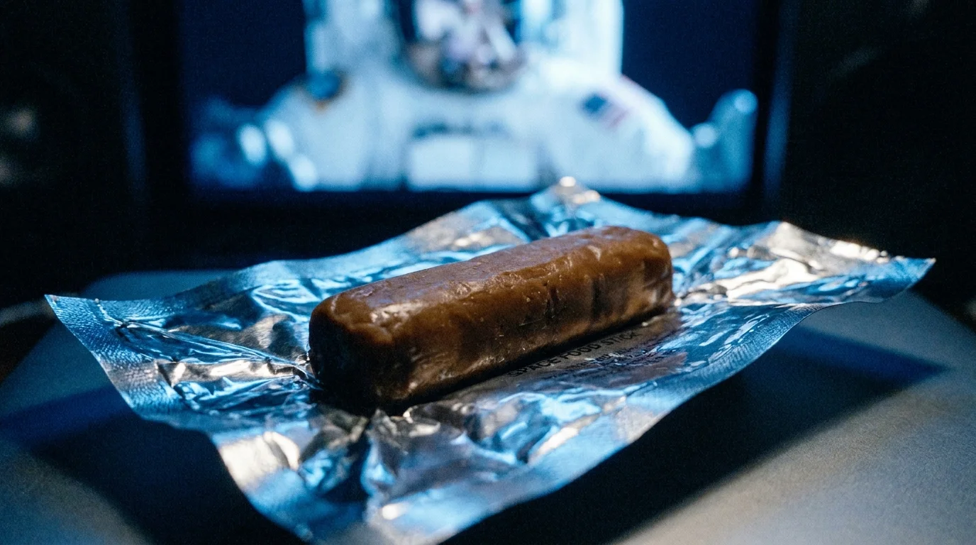 A macro photo of a chocolate Space Food Stick on its silver foil wrapper, lit by a cool blue light with a vintage astronaut toy blurred behi