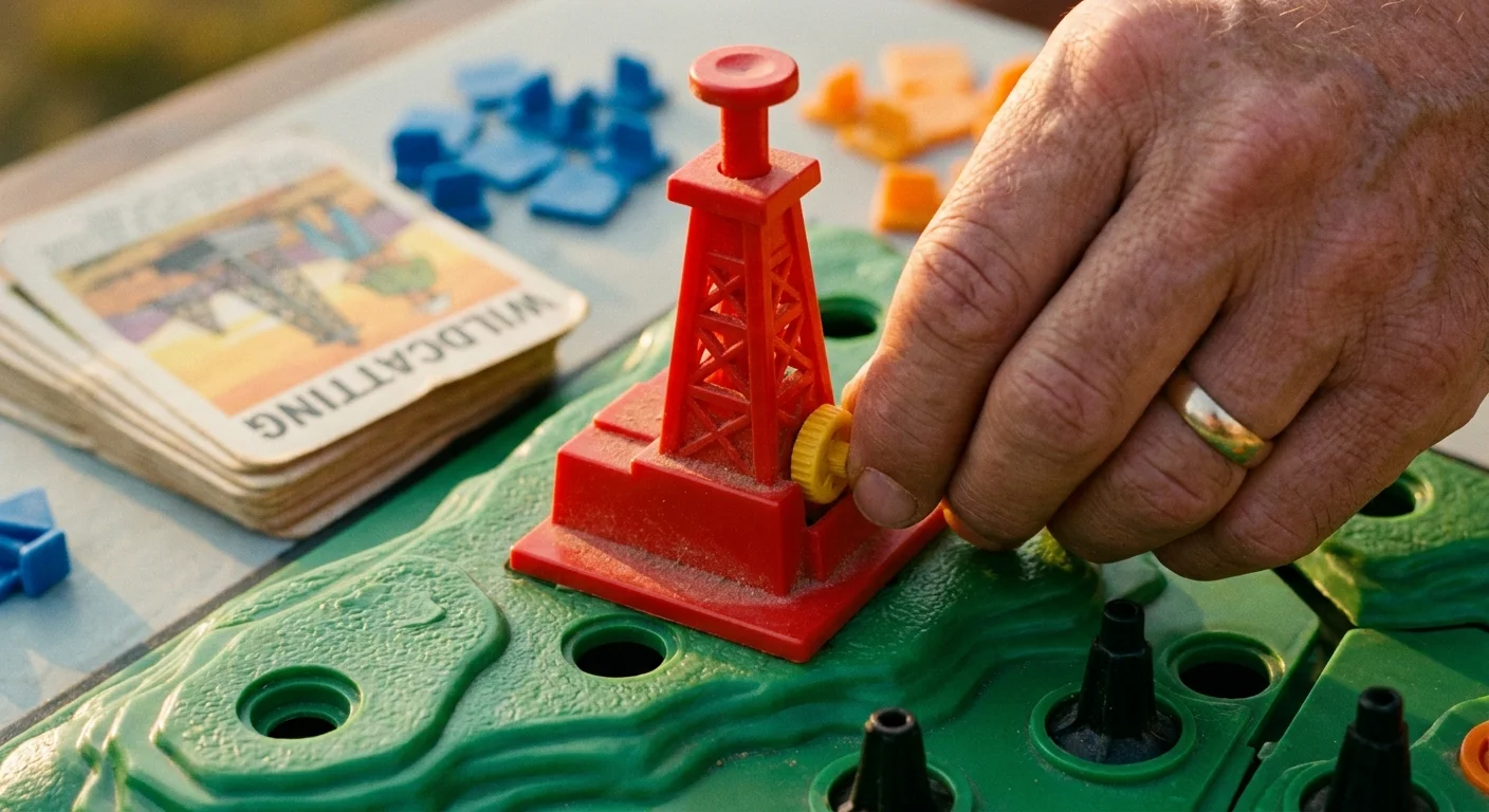 A macro photo of a red plastic oil derrick from the 1974 game King Oil being operated by a hand.
