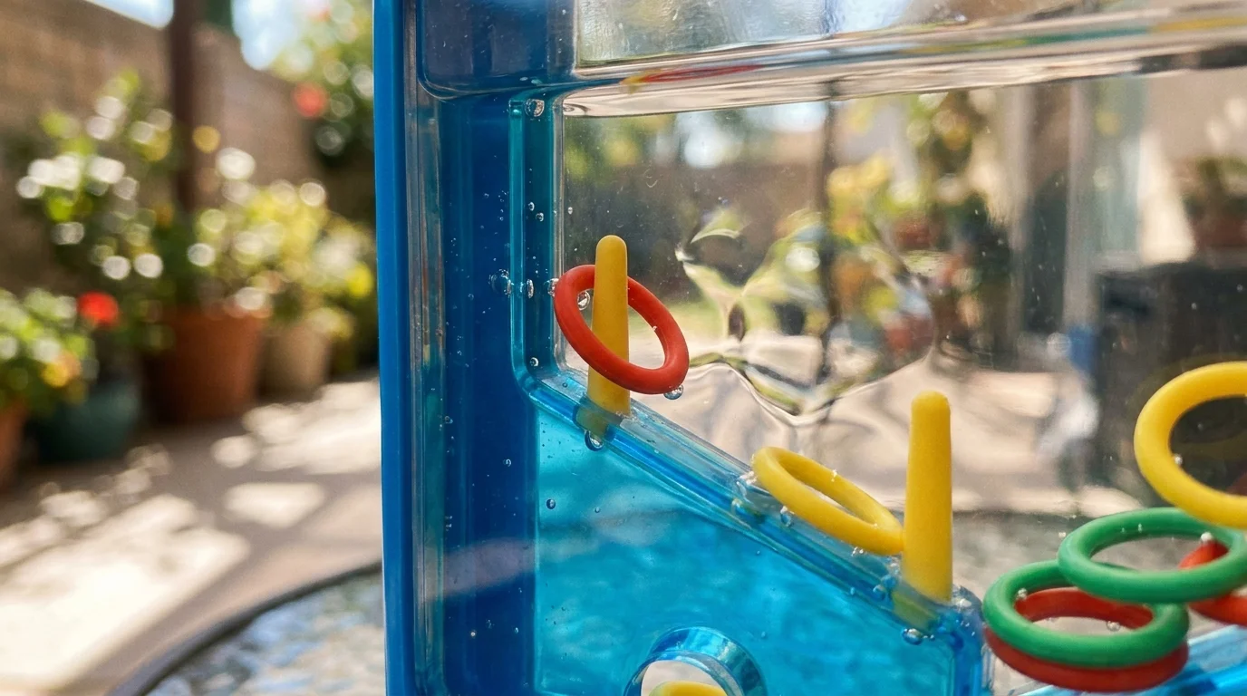 A macro photo of a Waterfuls toy showing plastic rings floating in water near a yellow peg.