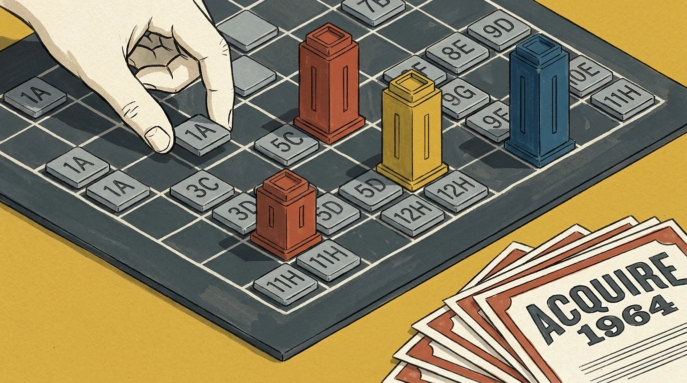 A mid-century modern illustration of hotel tiles and stock certificates from the strategy game Acquire.