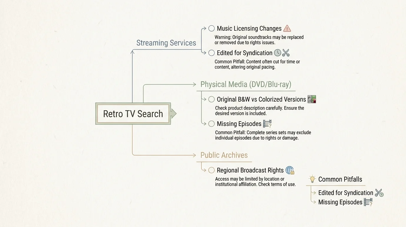 A minimalist diagram showing a flow chart for finding retro TV shows, with labels for streaming, physical media, and archives.