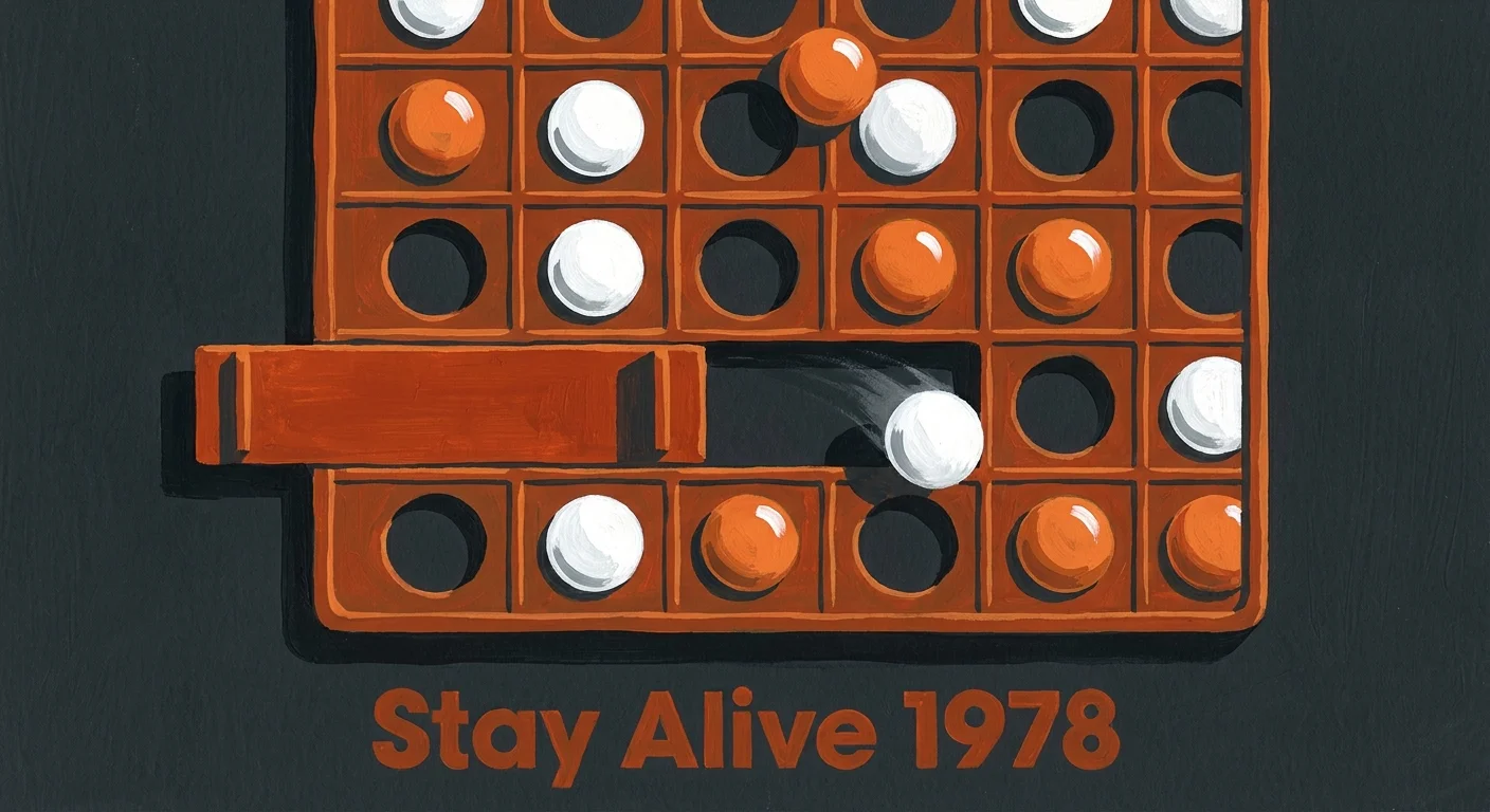A minimalist geometric illustration of the marble-drop game Stay Alive showing marbles on a grid.