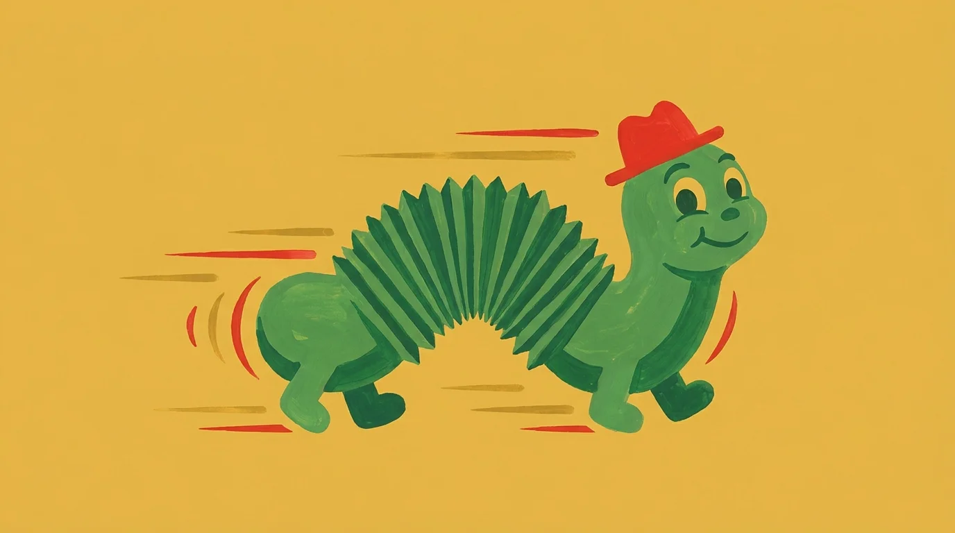 A minimalist gouache illustration of a green toy inchworm with a red hat on a gold background.