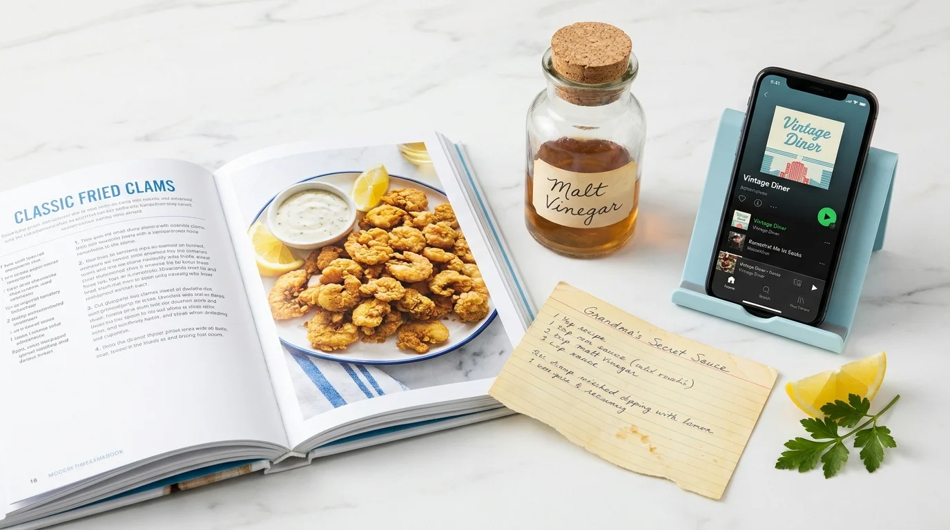 A modern cookbook, a vintage recipe card, and a bottle of vinegar on a marble counter, showing how to recreate old dishes.