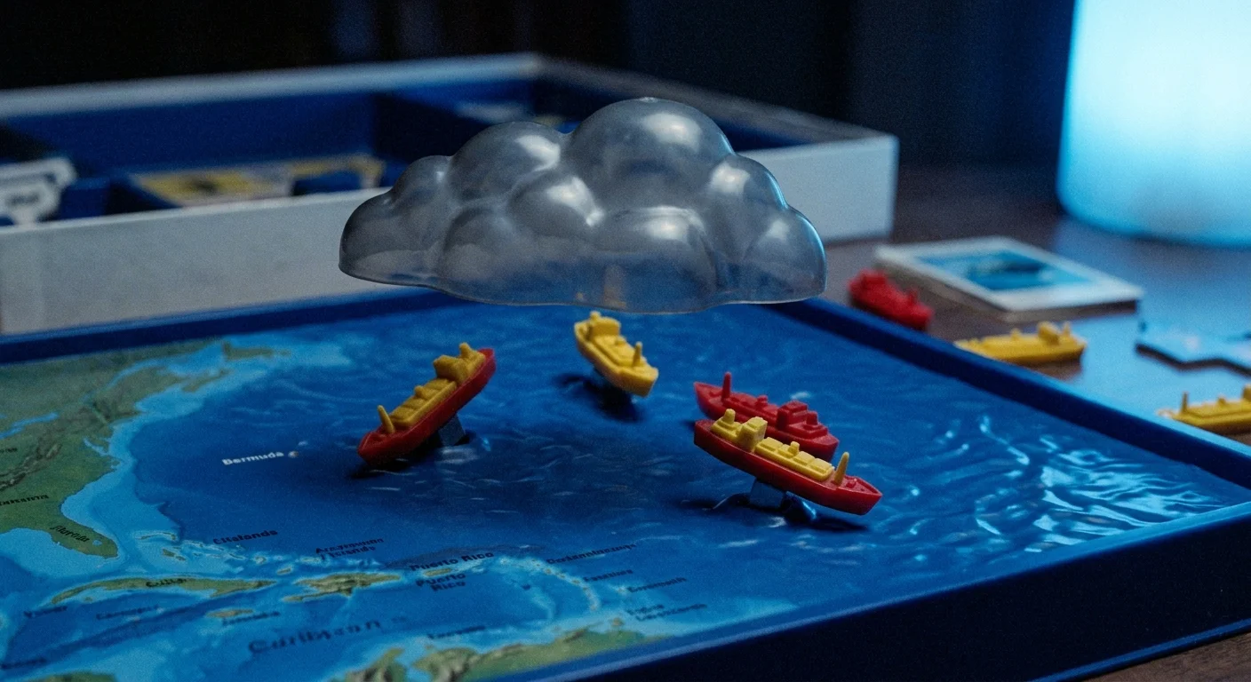 A moody photo of the Bermuda Triangle game showing a magnetic cloud piece hovering over plastic ships.
