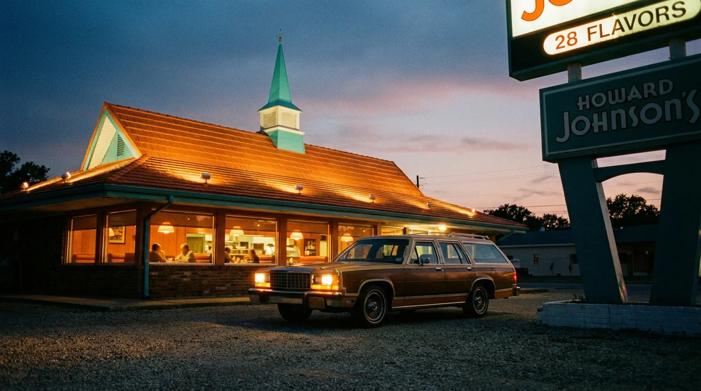 A nostalgic 35mm film photo of a Howard Johnson's restaurant with its famous orange roof and blue spire at twilight.