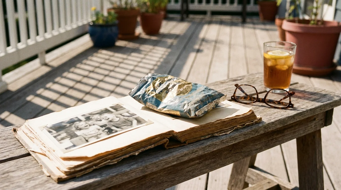A nostalgic photo of an old photo album and a faded vintage snack wrapper on a sunlit wooden bench.